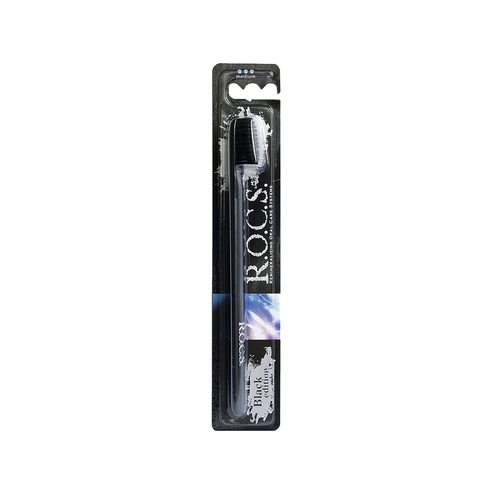 Rocs Black Edition Medium Toothbrush - Superior Plaque Removal & Gentle Teeth Whitening - Enhanced Dental Hygiene