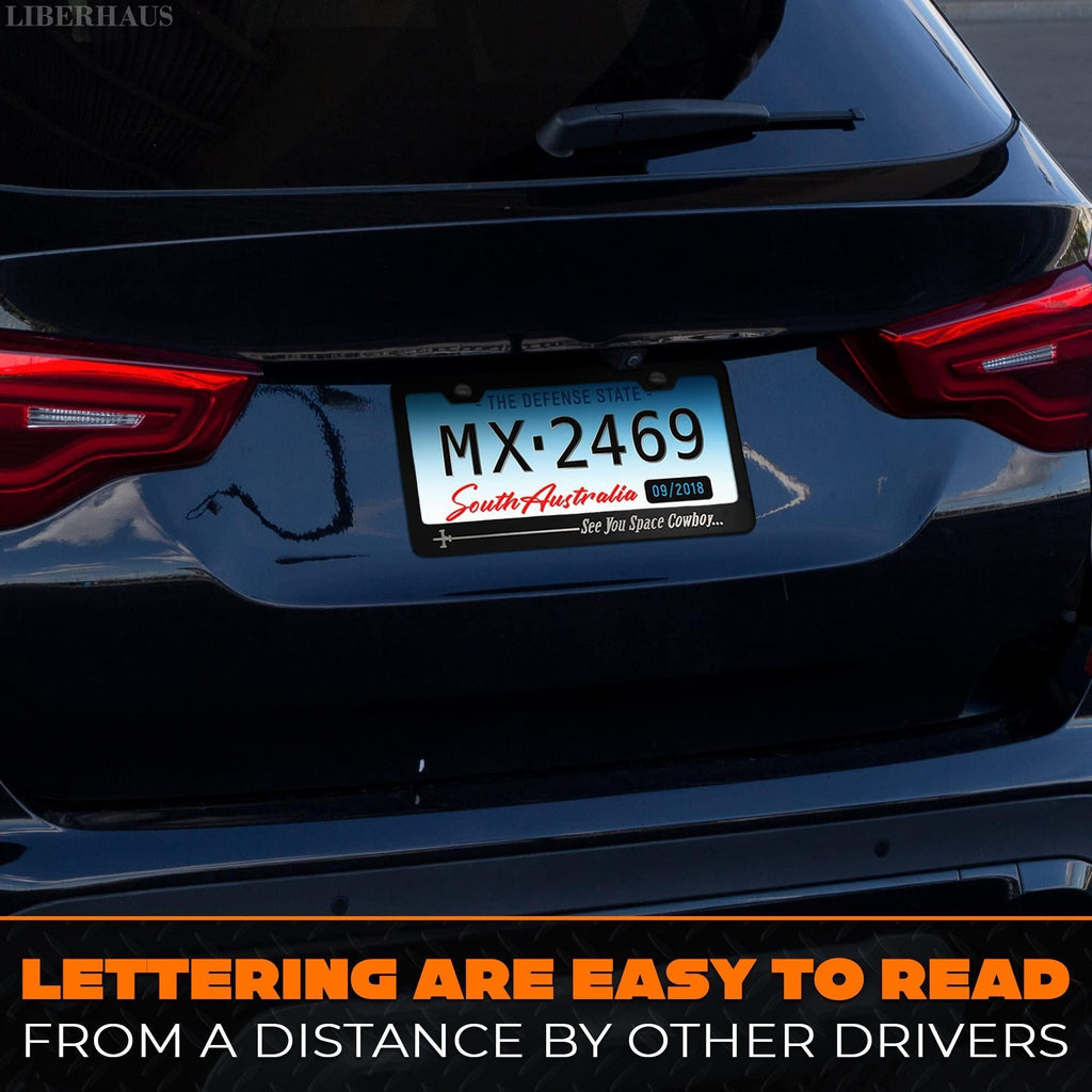 Matte Black License Plate Frame Funny for Anime Fans   See You Space Cowboy Anime License Plate Frame Design (12.2 x 6.3 Inches) Easy to Install Stainless Steel Holder for US & Canada