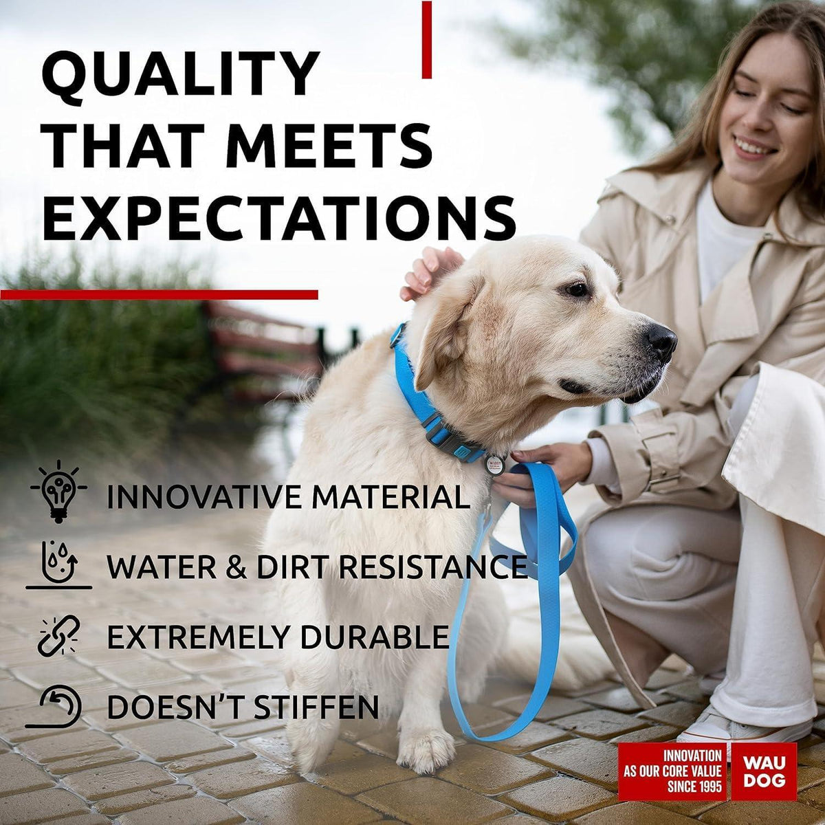Waterproof Dog Collar Adjustable 17–28 in Neck x 1 3/5 in Wide Buckle & QR Tag Blue
