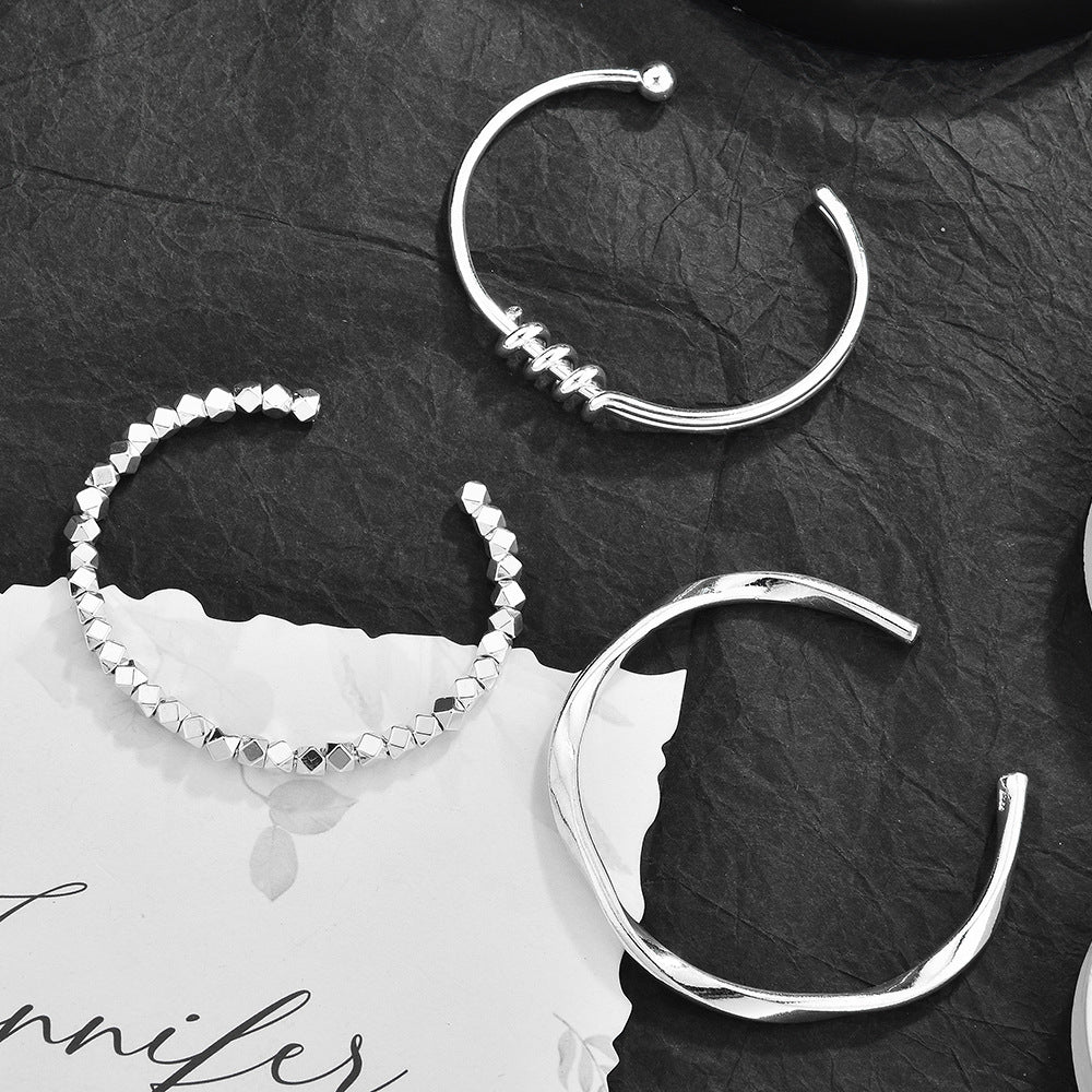 Mobius Irregular Geometric Open Cuff Bangle Set For Women, Broken Silver Stackable Bracelets, Minimal European Fashion Jewelry