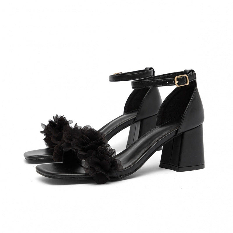 Square-toe Chunky-heel Sandals With A Buckle And Floral Detail, Open-toe Design