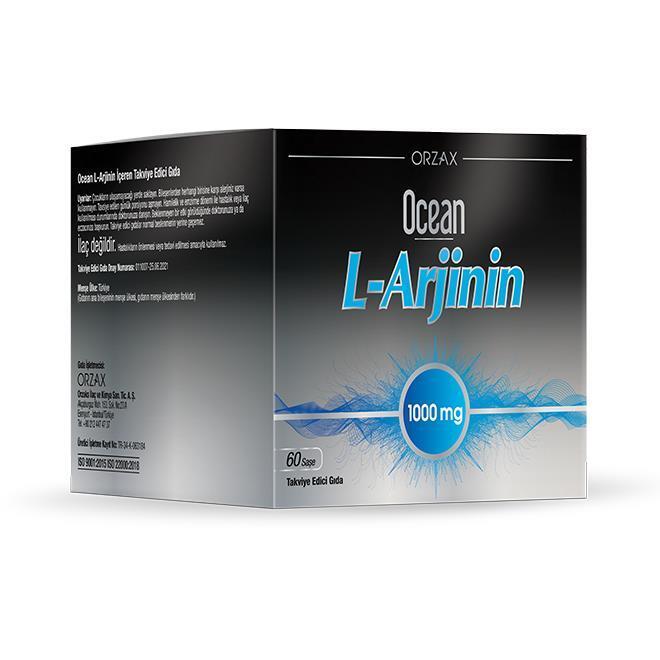 Ocean L-Arginine 1000 mg Powder Dietary Supplement - 60 Sachets, Orange Flavored, Easy Mix