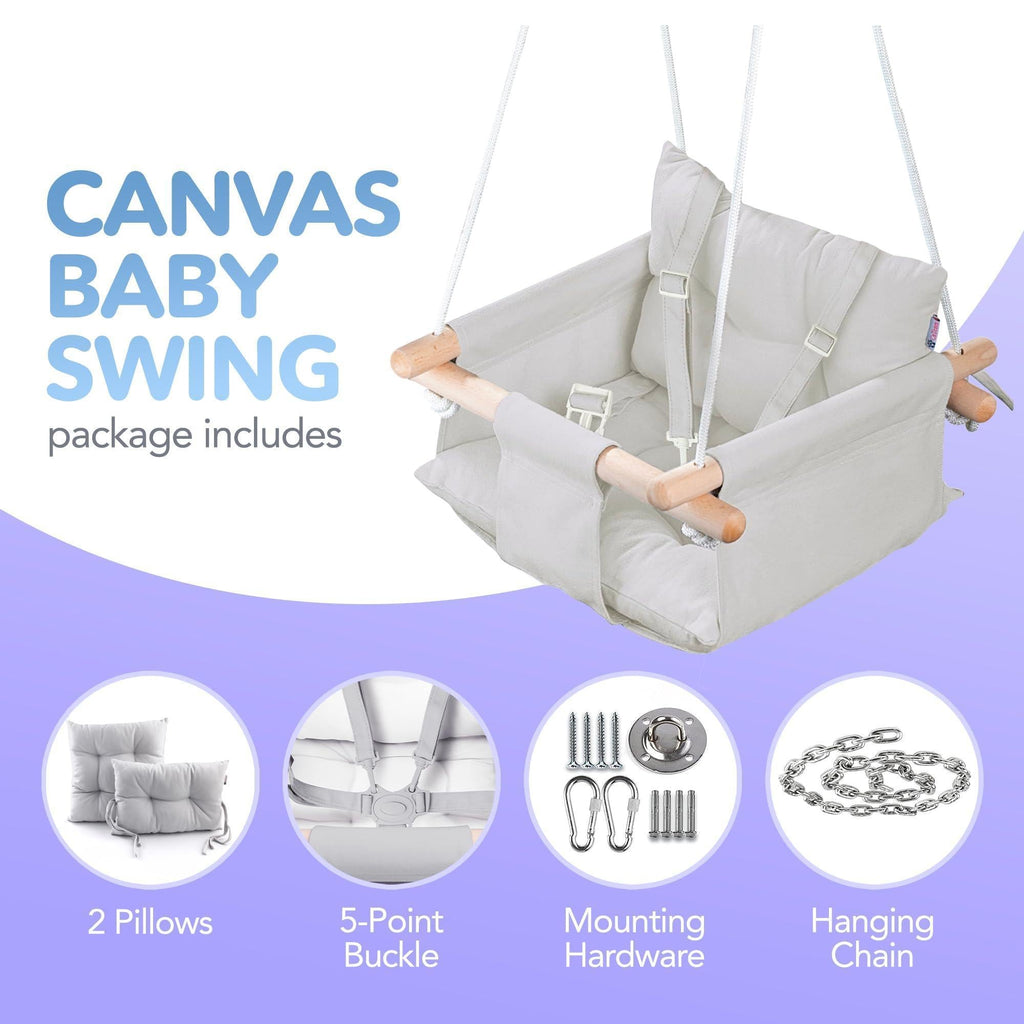 Grey Canvas Baby Swing Wooden Hanging Swing Seat Chair with Safety Belt Durable Baby Swing Chair Outdoor and Indoor Swing for Kids Mounting Hardware Included Gray