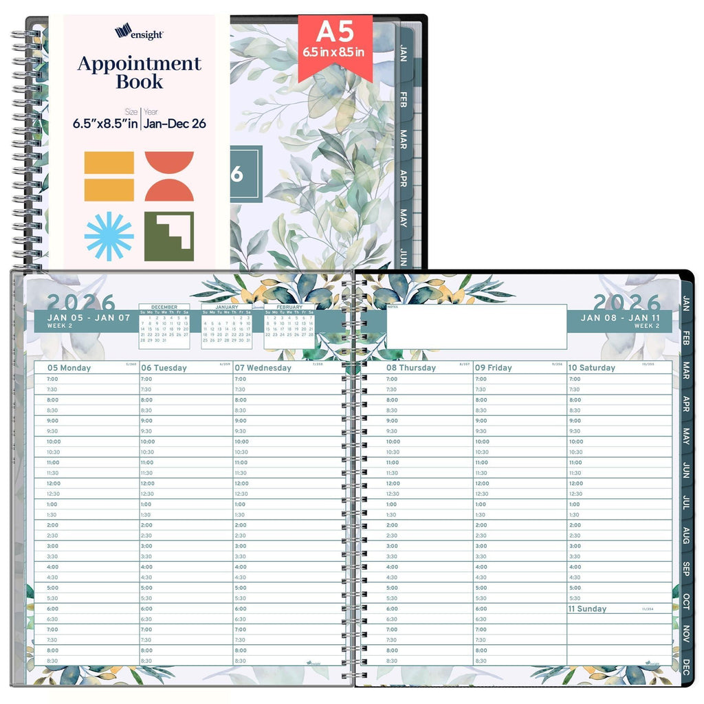 2026 Appointment Book and Planner 6.5 x 8.5 inch Large Floral Tabbed Daily Hourly Weekly Planner Calendar Schedule Book 30 Minute time Slots Jan 2026 Dec 2026
