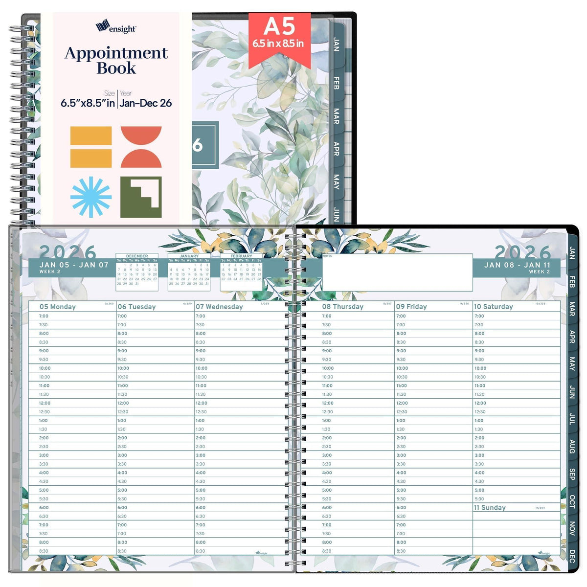2026 Appointment Book and Planner 6.5 x 8.5 inch Large Floral Tabbed Daily Hourly Weekly Planner Calendar Schedule Book 30 Minute time Slots Jan 2026 Dec 2026