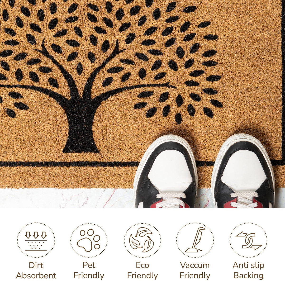 Coco Coir Door Mat Welcome Mat with Tree Print Beige 30x17x0.6