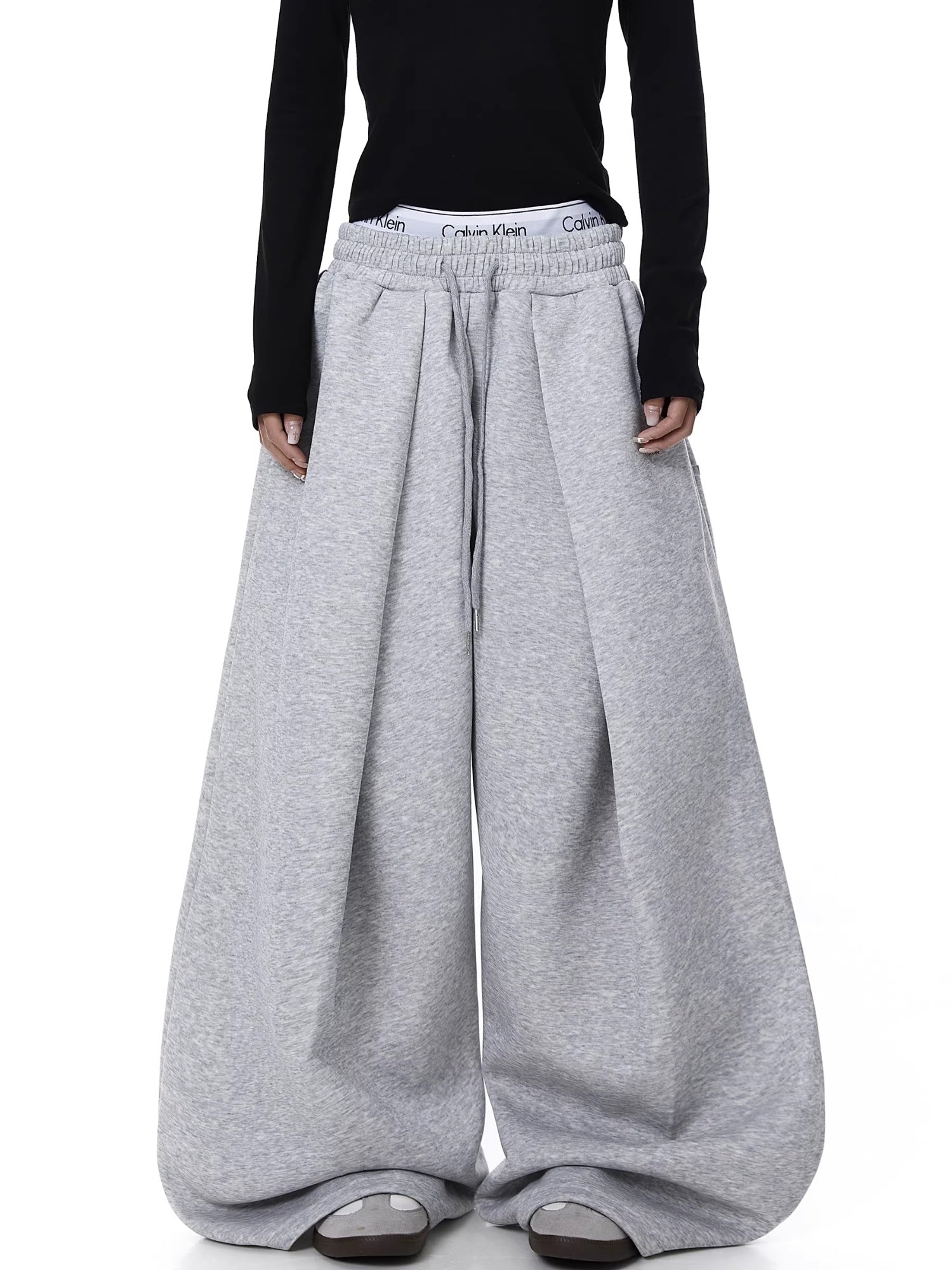 Embroidered Pleated Drawstring Sweatpants For Women Loose Straight Fit