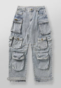 Mens Retro-style Loose-fit Washed Straight-leg Denim Jeans With Multiple Pockets