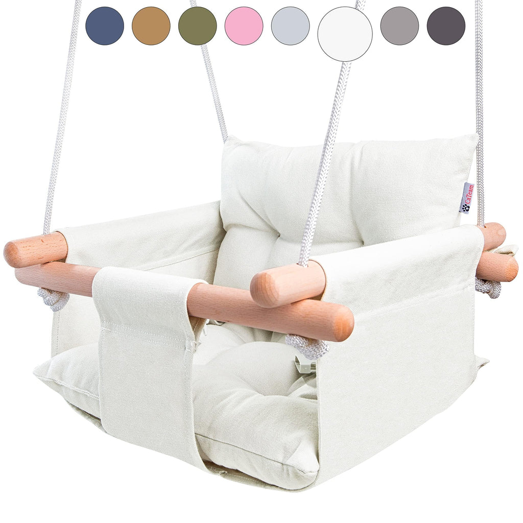 Canvas Baby Swing Wooden Hanging Swing Seat Chair with Safety Belt Durable Baby Swing Chair Outdoor and Indoor Swing for Kids Mounting Hardware Included Ivory