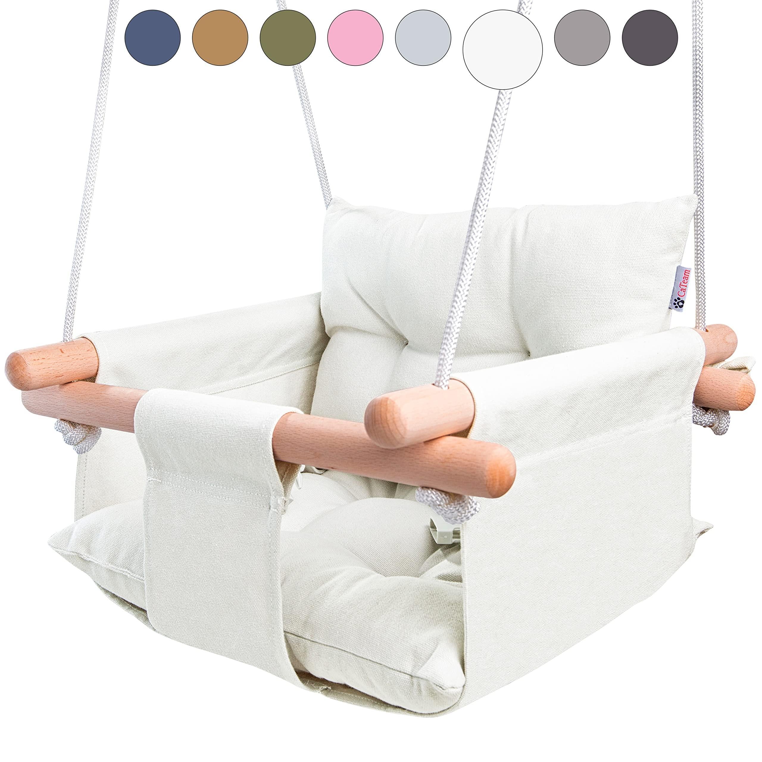 Canvas Baby Swing Wooden Hanging Swing Seat Chair with Safety Belt Durable Baby Swing Chair Outdoor and Indoor Swing for Kids Mounting Hardware Included Ivory