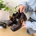 2026 New Women Minimal British Style High Heel Square Toe Flats, Vintage Metal Buckle Single Strap Silent Commuter Mary Janes
