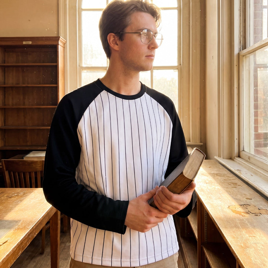 Mens Short Raglan-Style Baseball Long-Sleeve Striped Casual T-Shirt