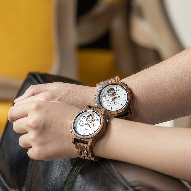 Business Flywheel Mechanical Multi-function Wooden Watch