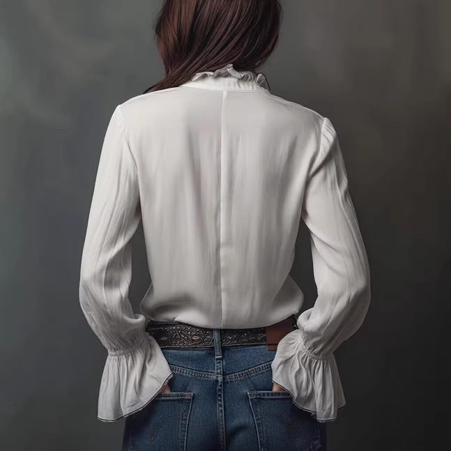Womens Long-sleeve Zip-up Crew-neck Blouse