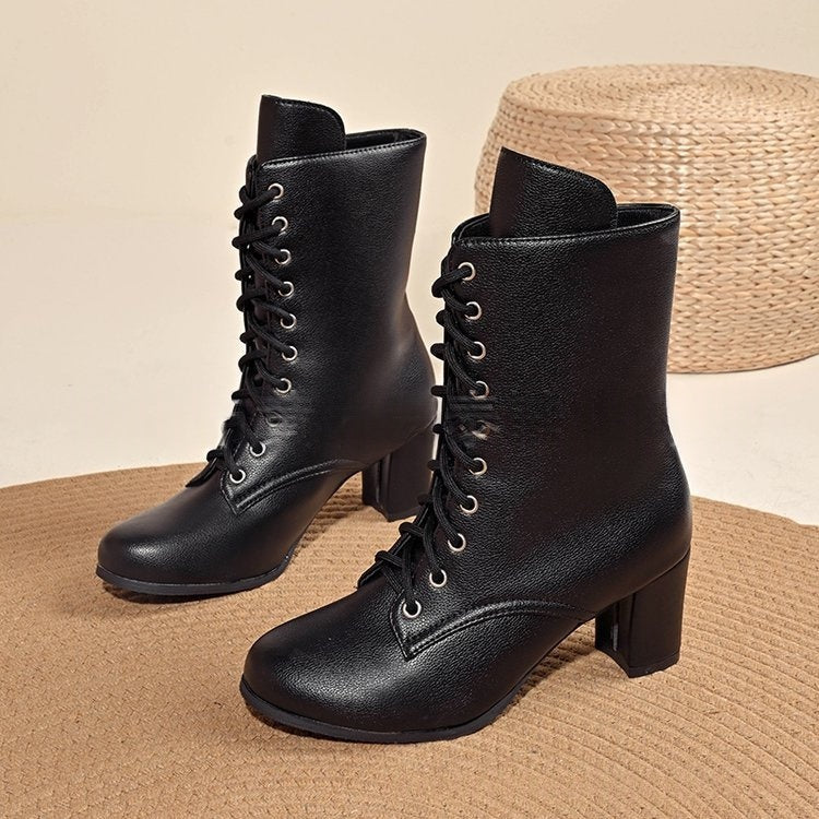 Womens Fashionable Block-heeled Lace-up Boots In Large Sizes