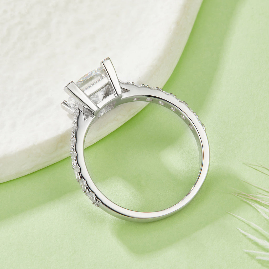 S925 Sterling Silver 2ct Princess Cut Moissanite Ring, 7x7mm D-VVS1 Pave Band, Platinum Plated US Sizes 5-9, GRA Certificate Jewelry Gift Box