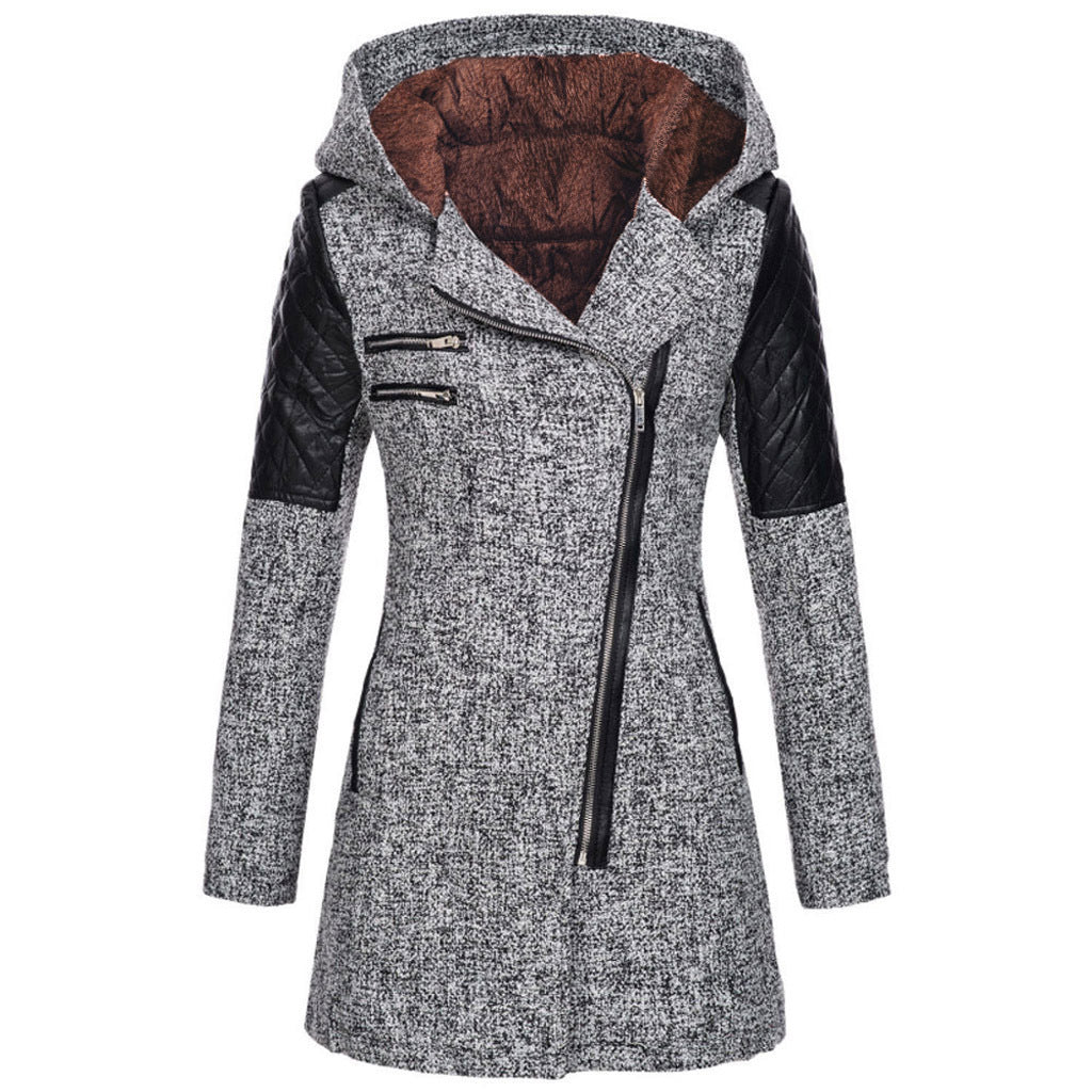 Women Warm Slim Full Zipper Coat Thick Woolen Coat Female Fall Winter Windbreaker Hooded Diagonal Zipper Women's Clothing