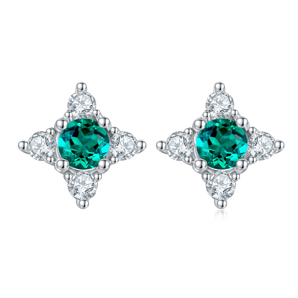 S925 Sterling Silver Star Flower Stud Earrings, 3.5mm Lab-Grown Emerald, Platinum Plated 1g Women's Lightweight Jewelry Gift Box