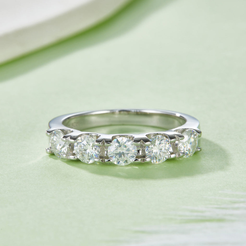 5-Stone Moissanite Wedding Band Ring, 4mm&5 D Color VVS1 S925 Silver Platinum Plated Anniversary Ring With GRA, US 5-9.