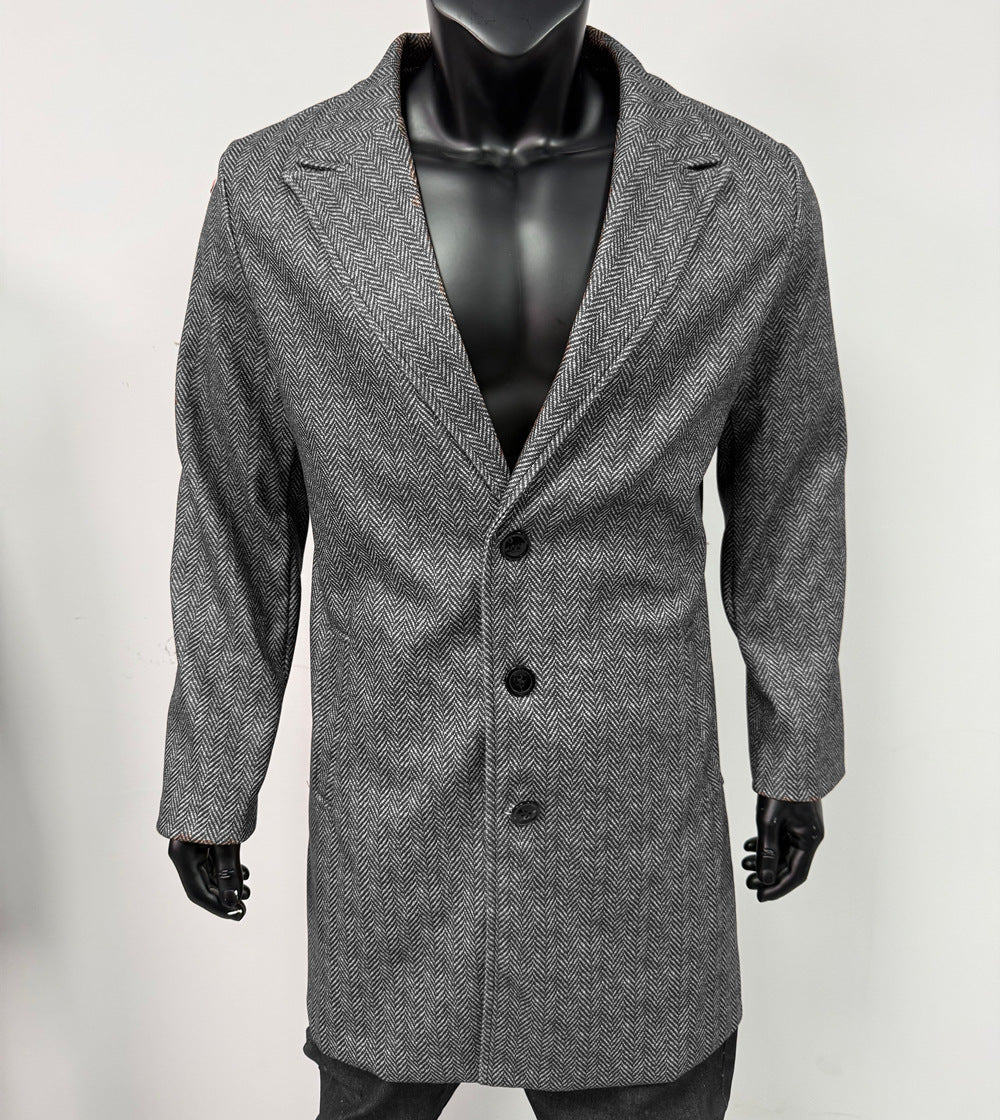 Mens Single-breasted Mid-length Wool Coat
