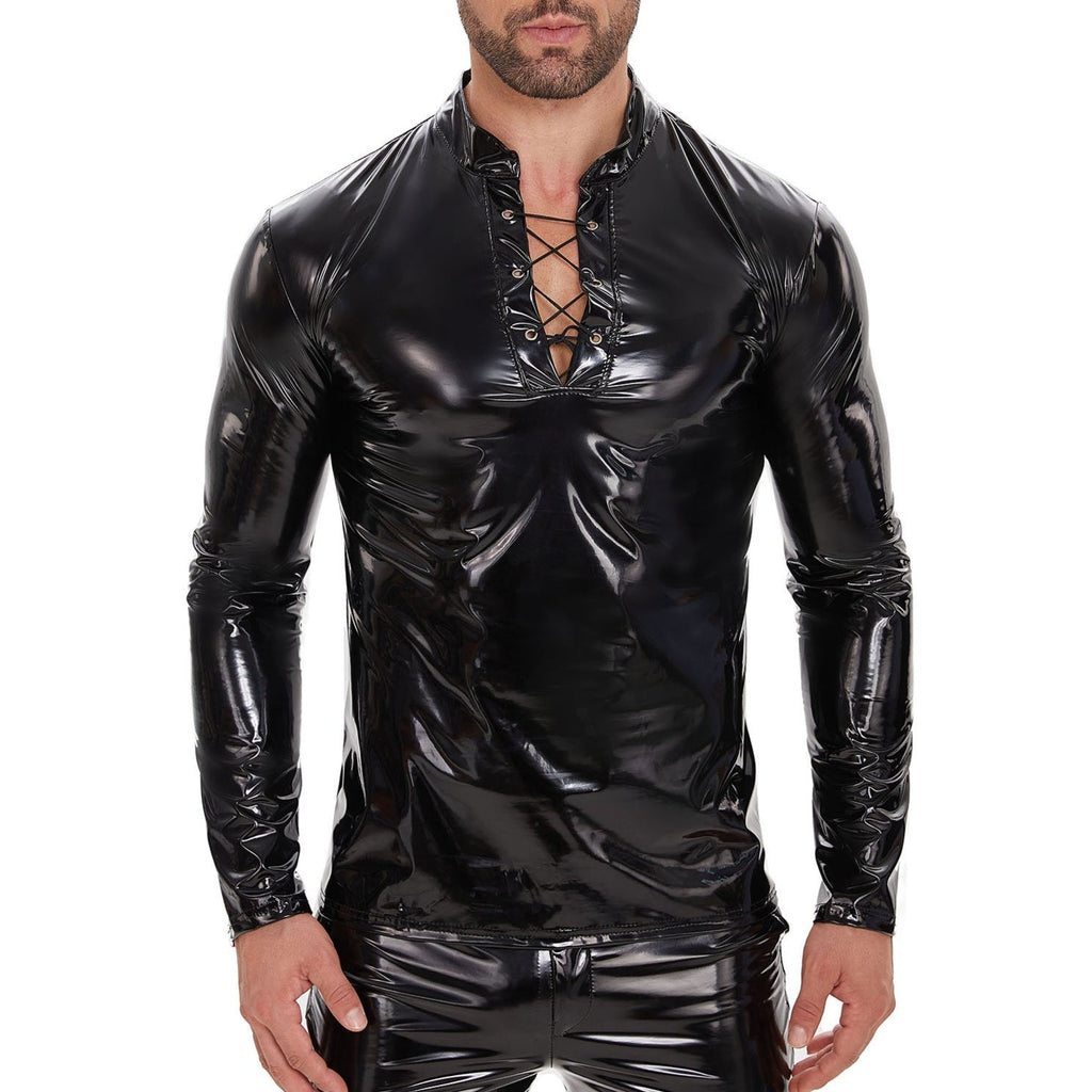 Men's Shiny Leather Long-sleeve Casual Top