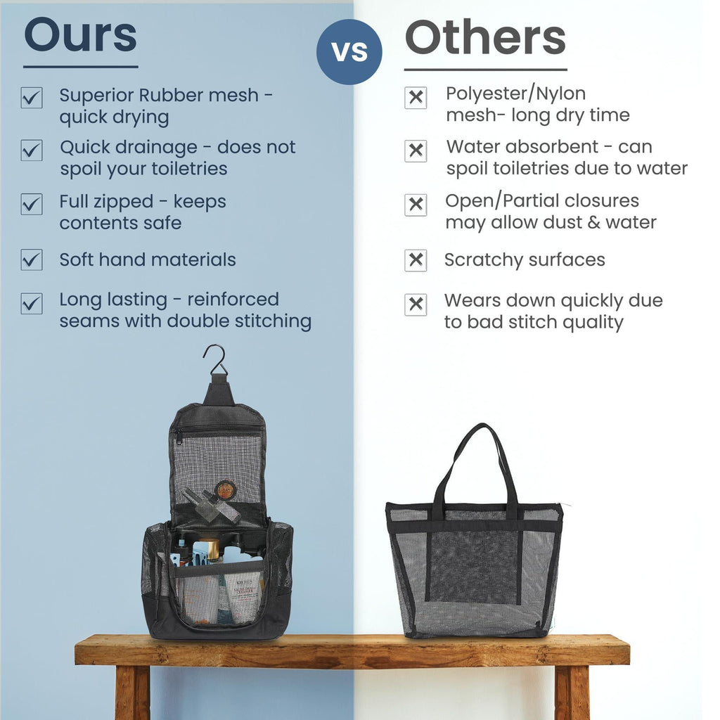 The Fine Living Co. Portable Hanging Shower Caddy Organizer Bag (Free Toiletries Case Metal Hook) Quick Dry Mesh Shower Caddy Tote Bag Pouch For Bathroom College Dorm Camp Gym Camping 10”x4”x8”(Black)
