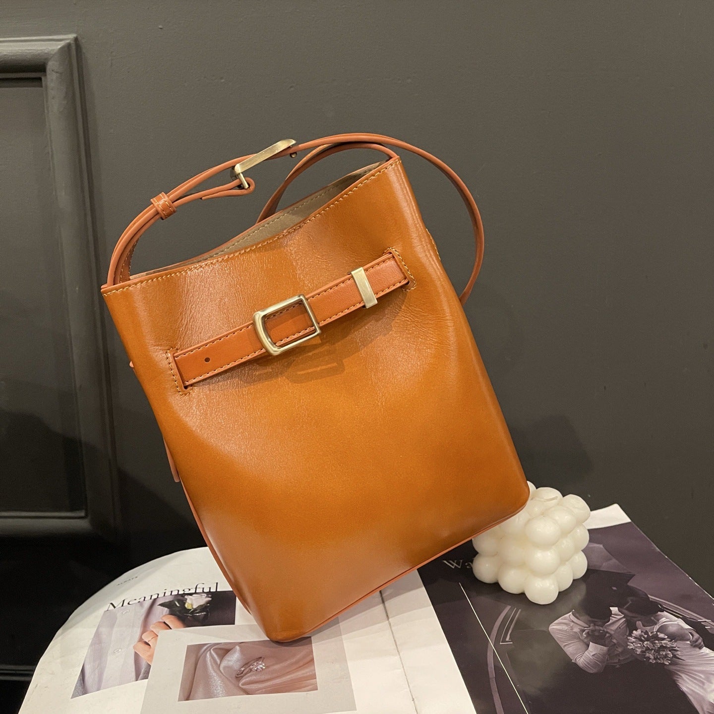 Vintage High-end Feel Bucket Bag, Genuine Leather Ladies' Shoulder Bag, Vintage Top-grain Cowhide Crossbody Bag For Women