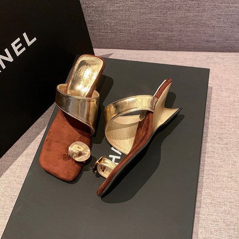 Women French Wedge Toe Loop Slide Sandals, 2026 New Summer Niche Square Toe Slip On Mules For Matching Dresses