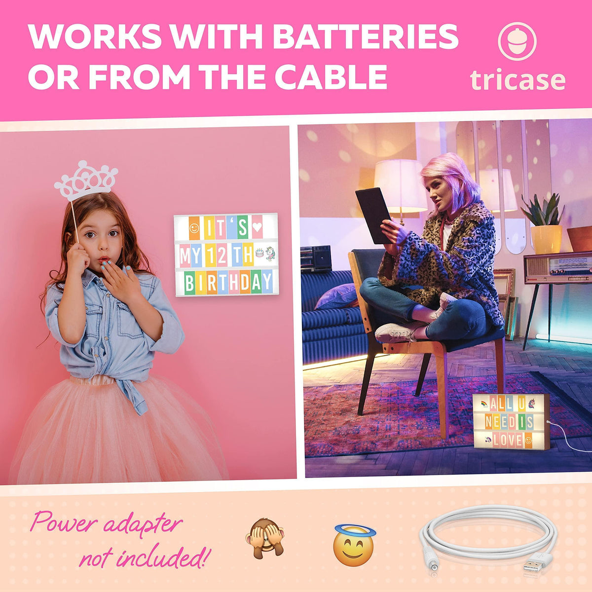 Pink Cinema Light Box with 312 Letters Emojis & 3 Markers Led Light Box for Girl