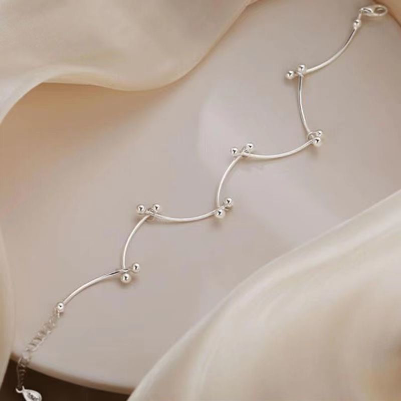 1pcs 999 Sterling Silver Wavy Tube Bead Adjustable Anklet, Minimalist Cool Style, For Summer Daily Wear & Women Romantic Holiday Gifts