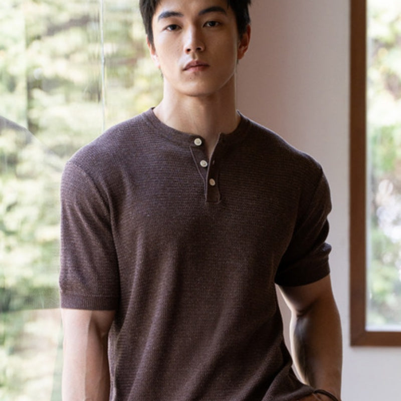 Mens Casual Short-sleeved Knit Top With A Half-placket
