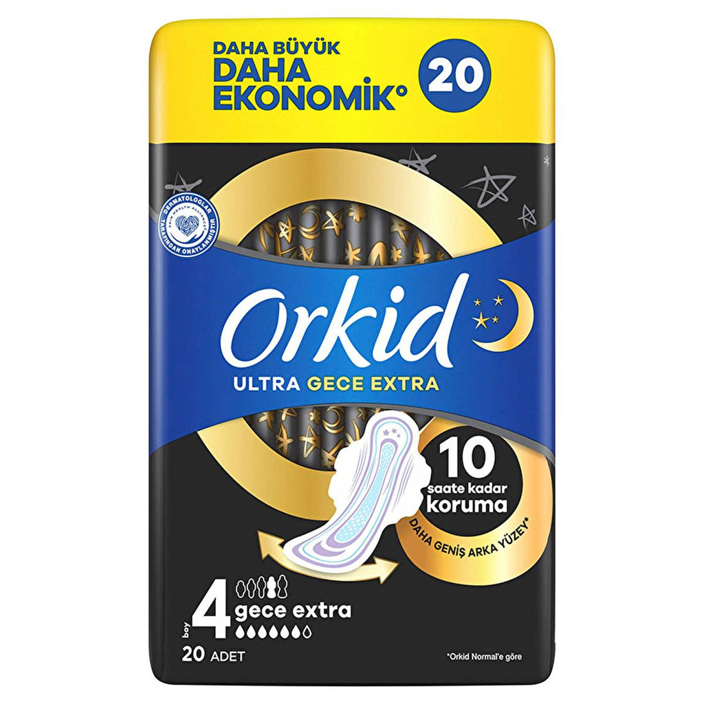 Orkid Ultra Gece Ekstra Overnight Hygienic Pads for Women - Extra Absorbency, 20 Count