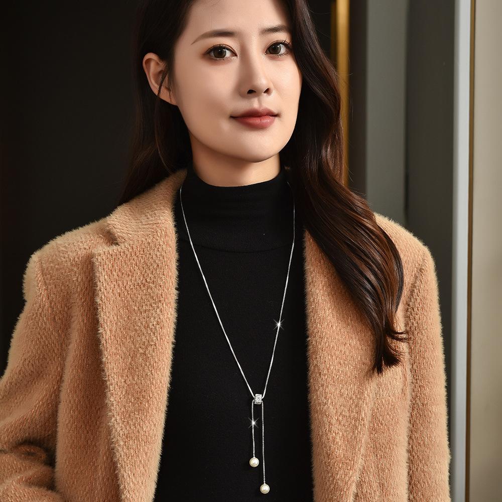 Dainty Pull Adjustable Sweater Chain For Women, Square Zircon Double Pearl Tassel Long Necklace, Elegant Minimal Autumn Winter Fashion Jewelry