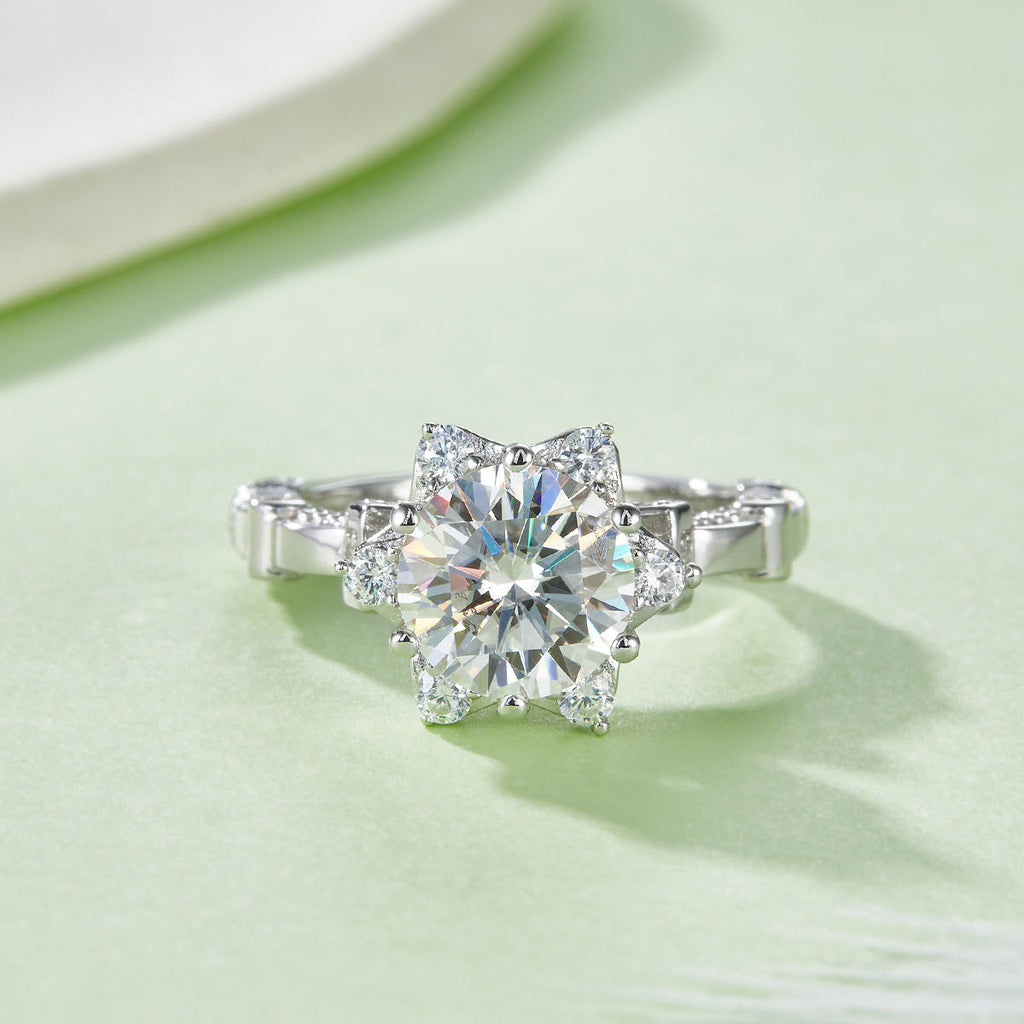 S925 Sterling Silver 2ct Moissanite Ring, 8mm D-VVS1 Star Halo Split Shank, Platinum Plated US Sizes 5-9, GRA Certificate Gift Box