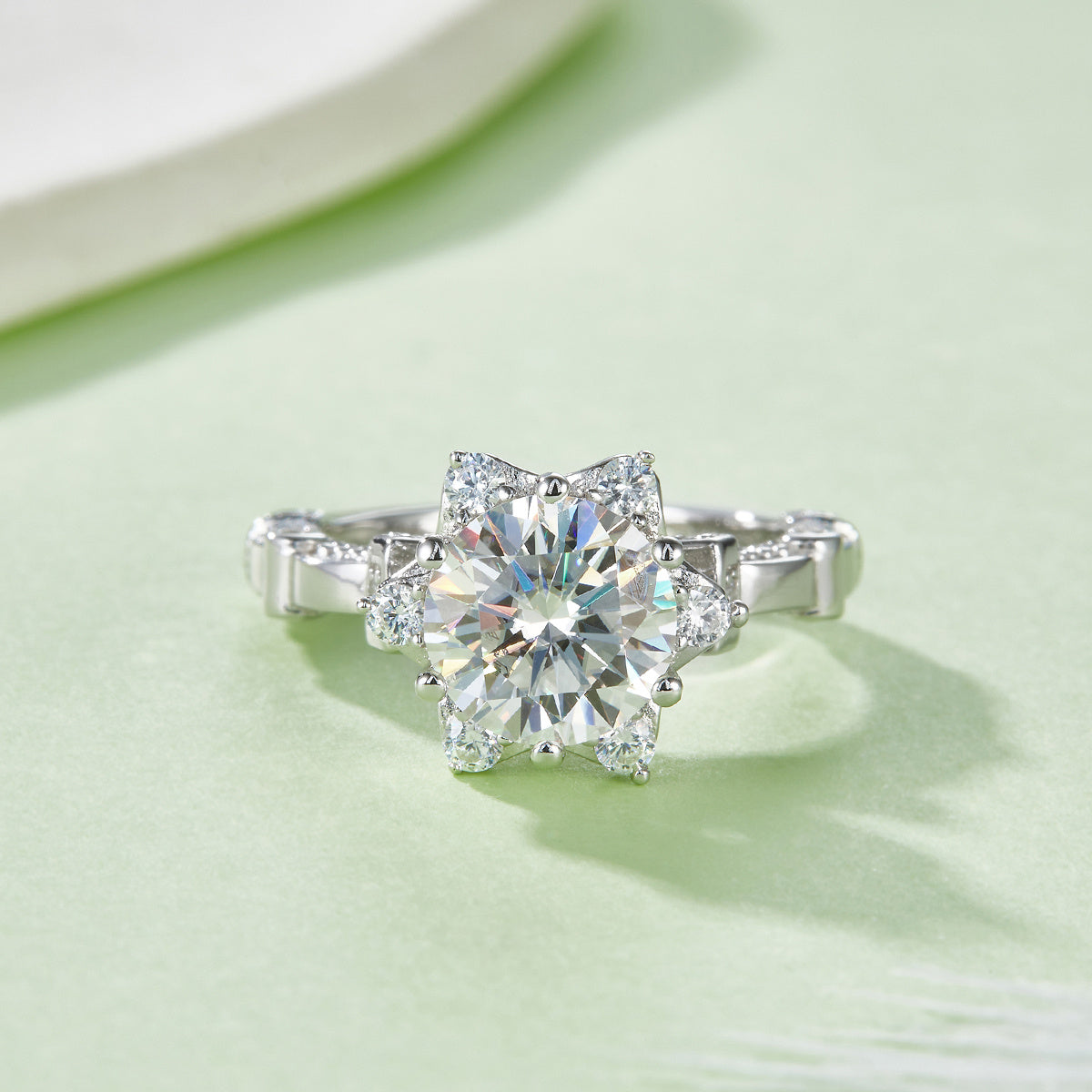 S925 Sterling Silver 2ct Moissanite Ring, 8mm D-VVS1 Star Halo Split Shank, Platinum Plated US Sizes 5-9, GRA Certificate Gift Box