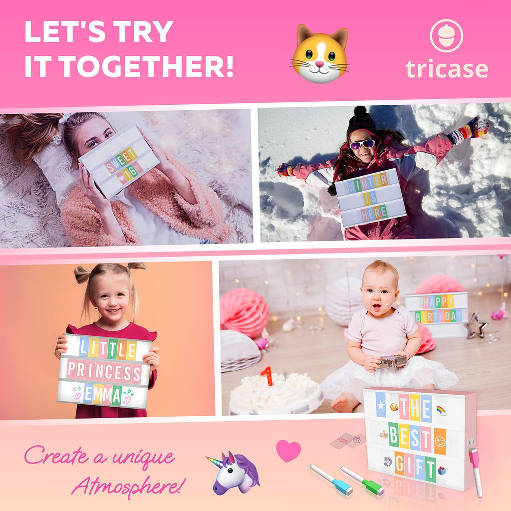 Pink Cinema Light Box with 312 Letters Emojis & 3 Markers Led Light Box for Girl