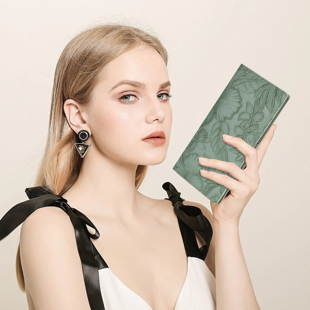 Floral Carved Womens Long Wallet With Embossed Pattern