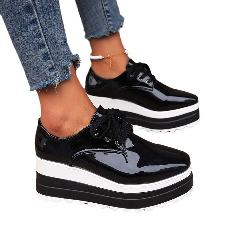 Womens Lace-up Square-toe Patent Leather Platform Wedge Heels