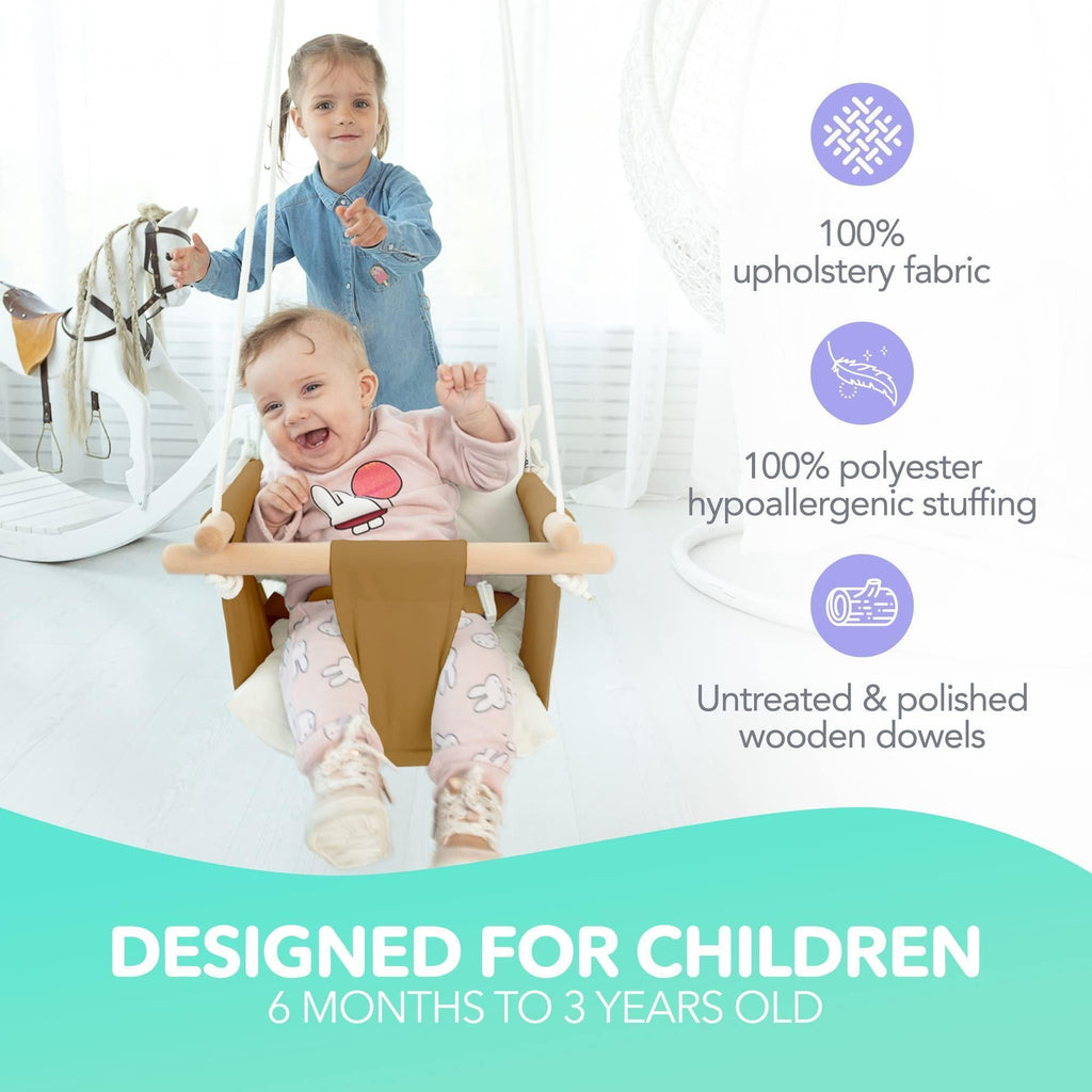 Ocher Canvas Baby Swing Chair Wooden Hanging Seat with Safety Belt Durable and Comfortable for Kids Indoor and Outdoor Use Mounting Hardware Included Ocher