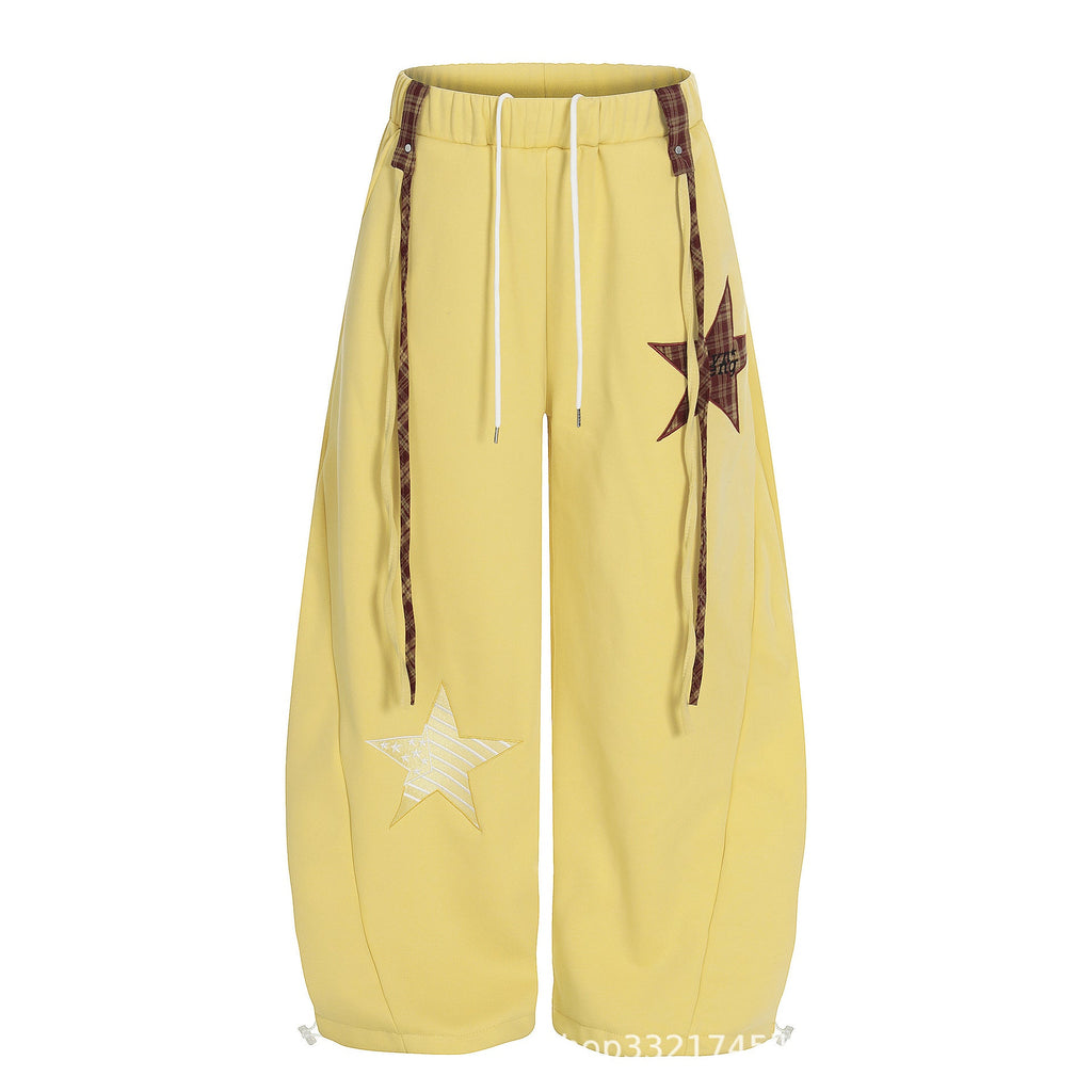 Starry Embroidery Fleece Lined Casual Pants For Women Loose Fit Trousers