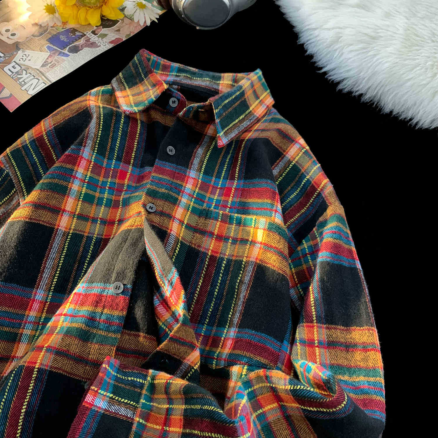 New Japanese-style Retro Color-block Design Loose-fit Shirt