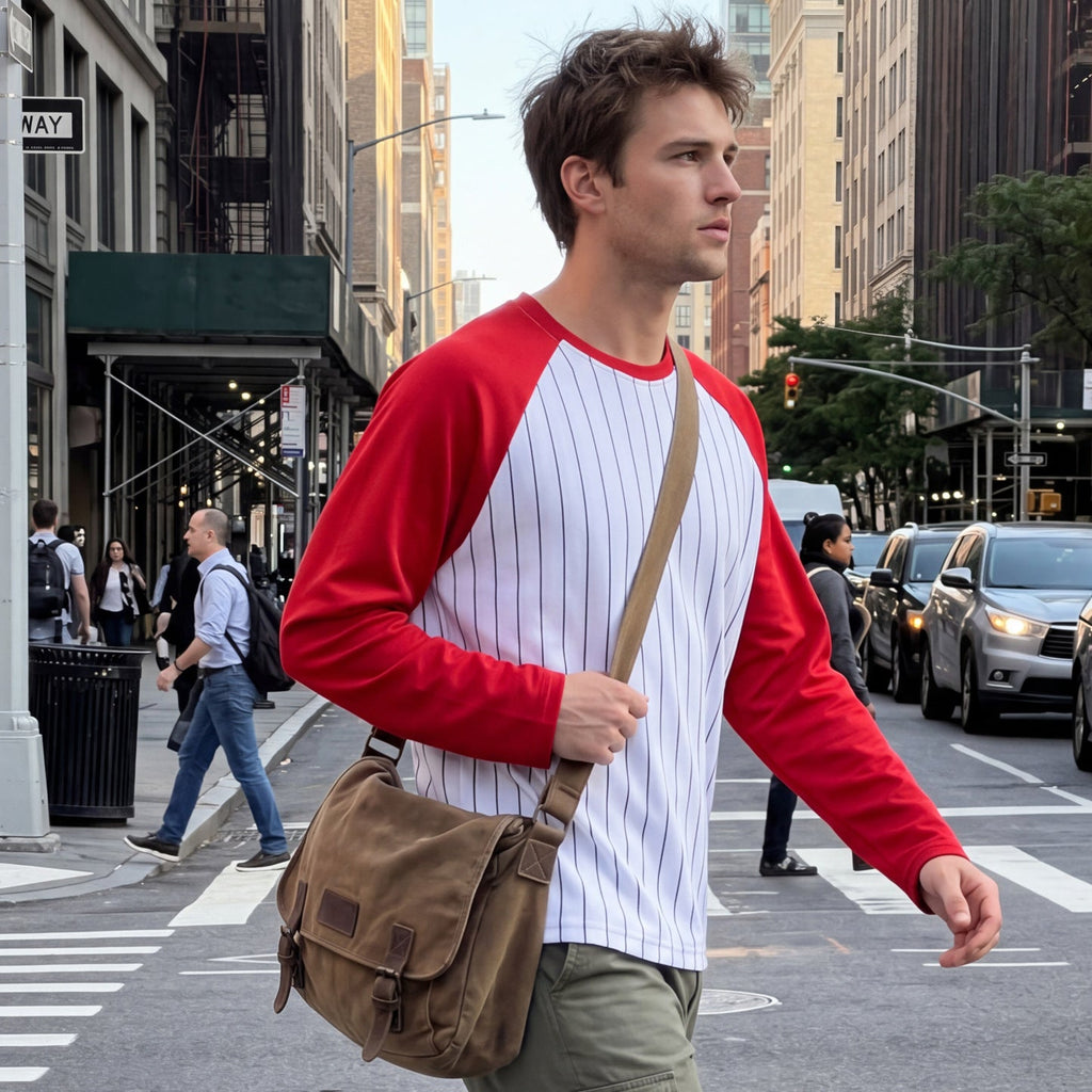 Mens Short Raglan-Style Baseball Long-Sleeve Striped Casual T-Shirt