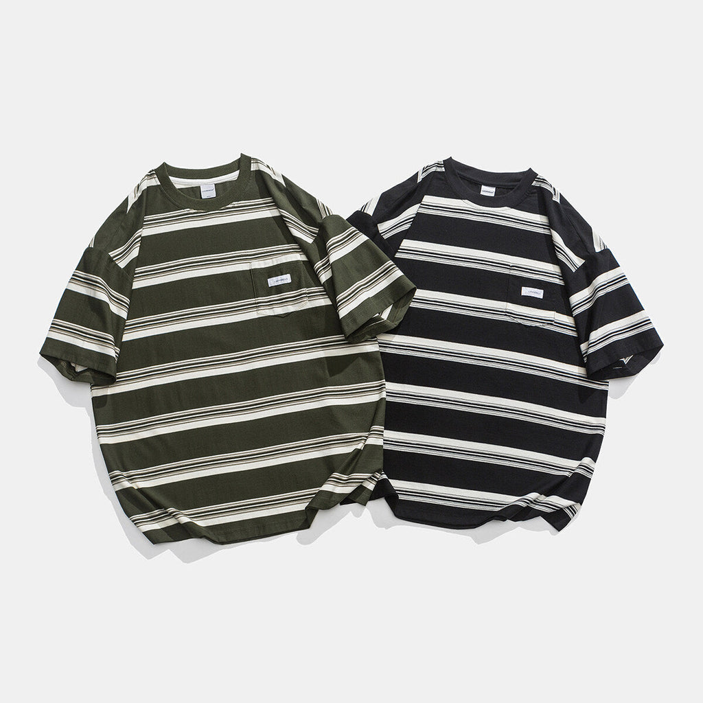 Casual Loose Striped Pocket Round Neck T-shirt