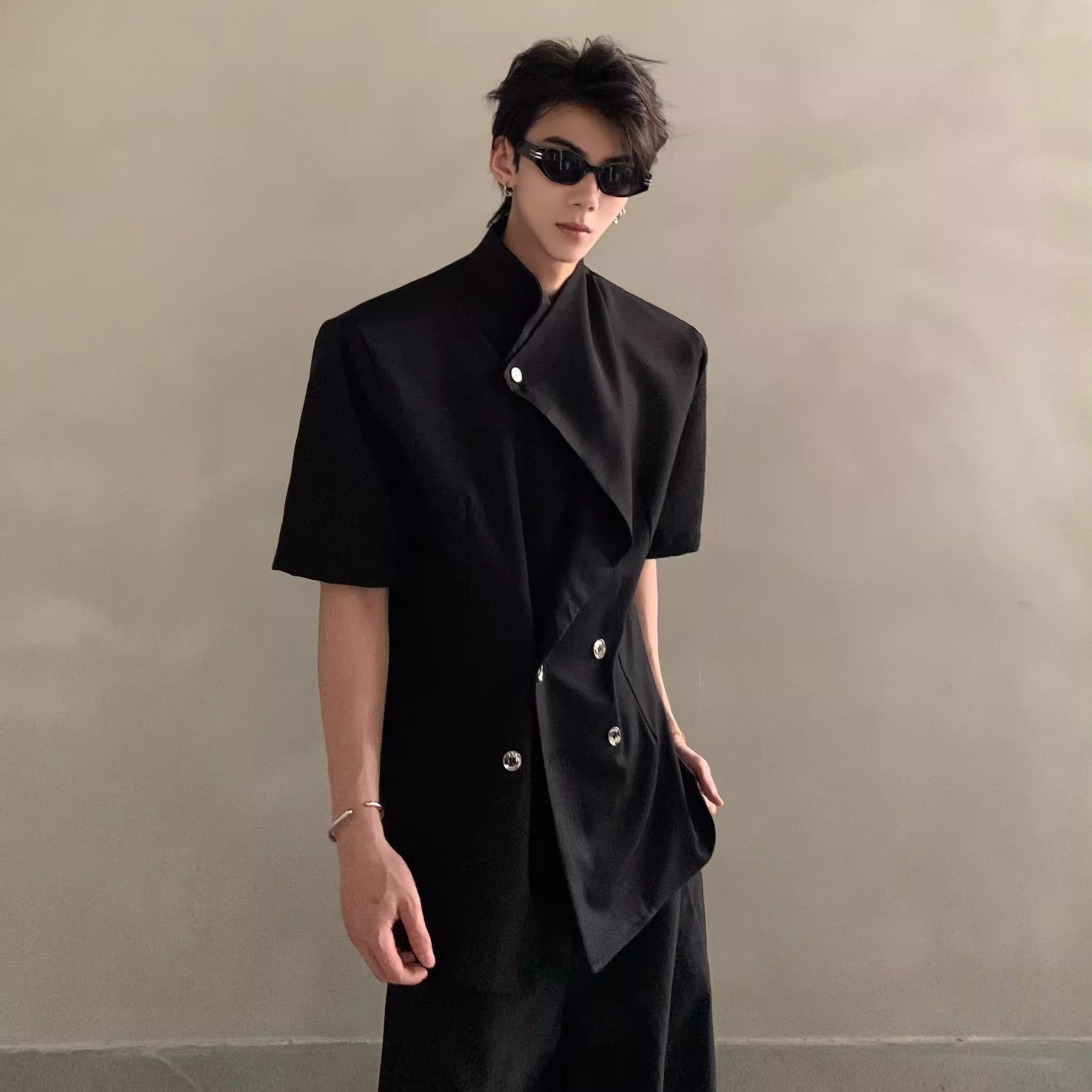 Mens Irregular-Design Shoulder-Padded Summer Shirt