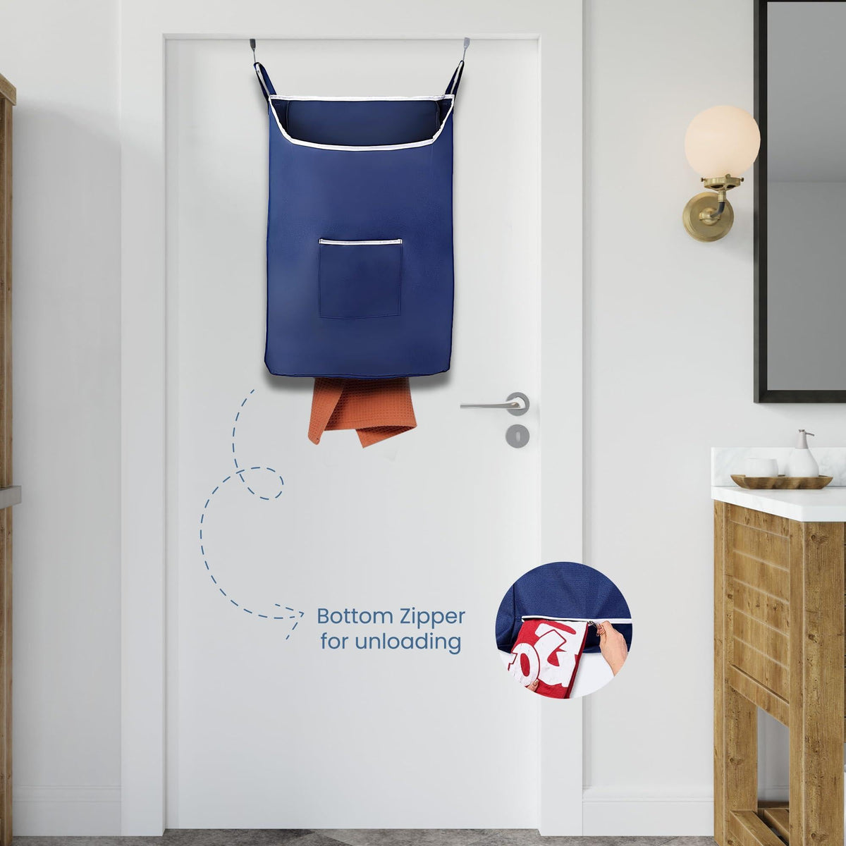 Fine Living Large Hanging Laundry Hamper with Over Door Hooks & Adhesive Durable Space Saving Laundry Bag with Zipper and Wide Open Top Hanging Dorm Laundry Hamper 18 x4.75 x28  (Navy Blue L)