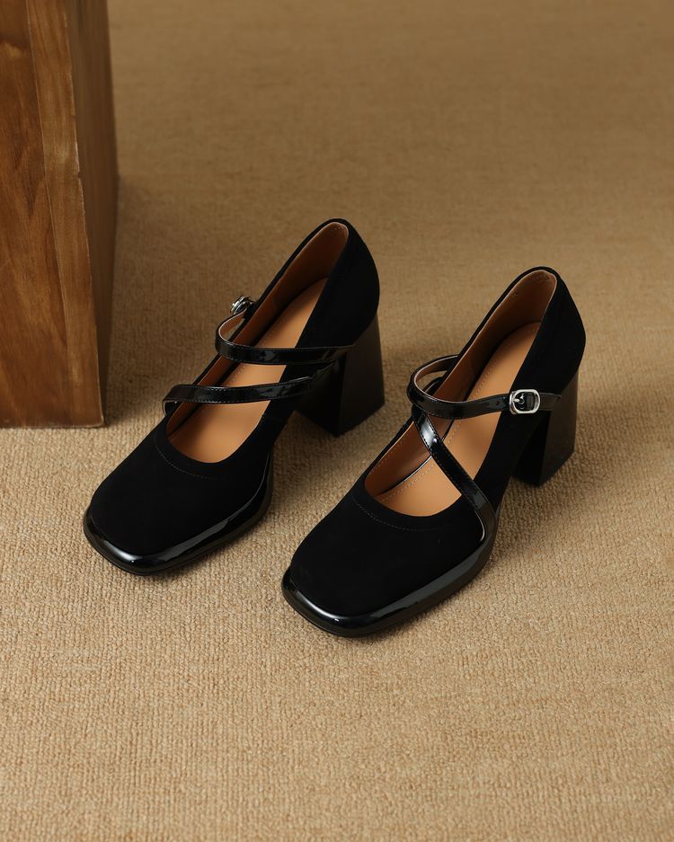 French Square Toe Mary Jane Shoes For Children's Spring 2025 New Style, Thick Heel Cross With Shallow Mouth High Heels, Worn As A Single Shoe Outside
