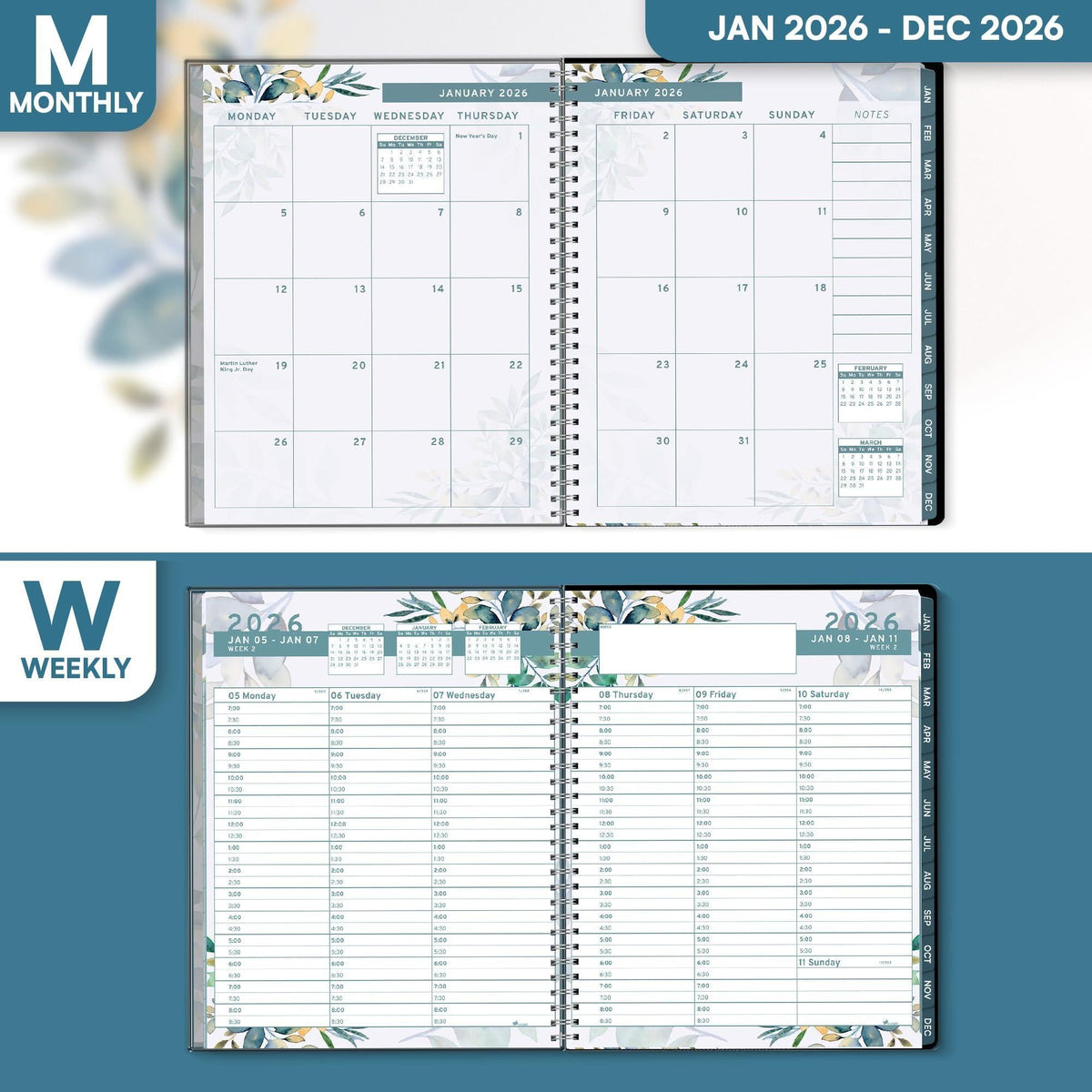2026 Appointment Book and Planner 6.5 x 8.5 inch Large Floral Tabbed Daily Hourly Weekly Planner Calendar Schedule Book 30 Minute time Slots Jan 2026 Dec 2026