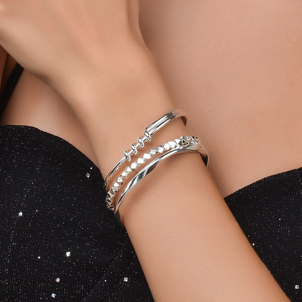 Mobius Irregular Geometric Open Cuff Bangle Set For Women, Broken Silver Stackable Bracelets, Minimal European Fashion Jewelry