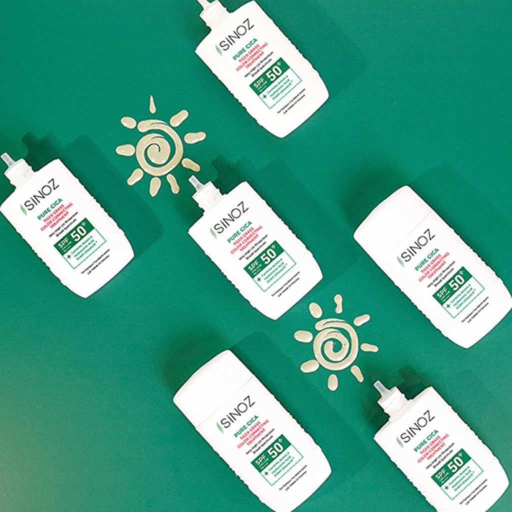 Sinoz Cica Tiger Grass Tinted Sunscreen SPF50+: Color Correcting, Redness Reducing Mineral Sunscreen with Hyaluronic Acid - Evens Skin Tone