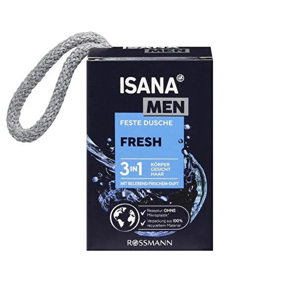 Isana Men 3-in-1 Solid Shower Gel for Face, Body & Hair - Vegan, Dermatologically Approved, Sustainable Packaging